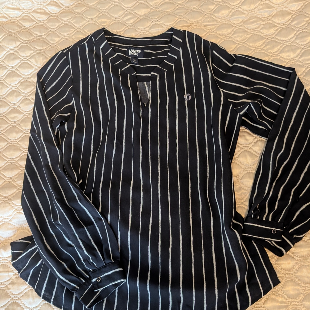 Lands' End Black and White Striped Blouse